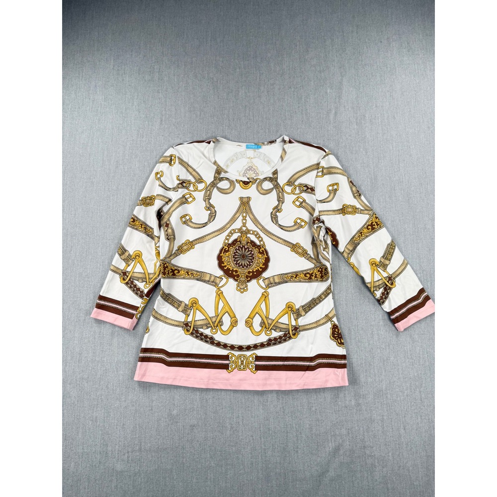 J.McLaughlin Womens White Equestrian Scarf Print Top Pink Trim Size L
